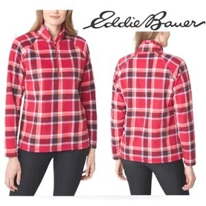 NWT Eddie Bauer Women's Plaid Fleece‎ 1/4 Zip Pullover Top, Medium, Berry Color